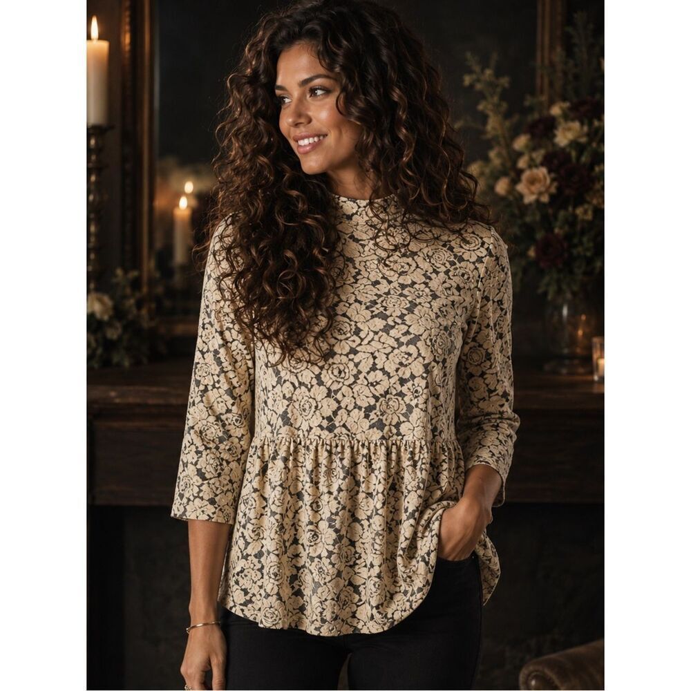 Mesh Floral Top Ivy Jane Rose Lace Netting Blouse Cream Black XS